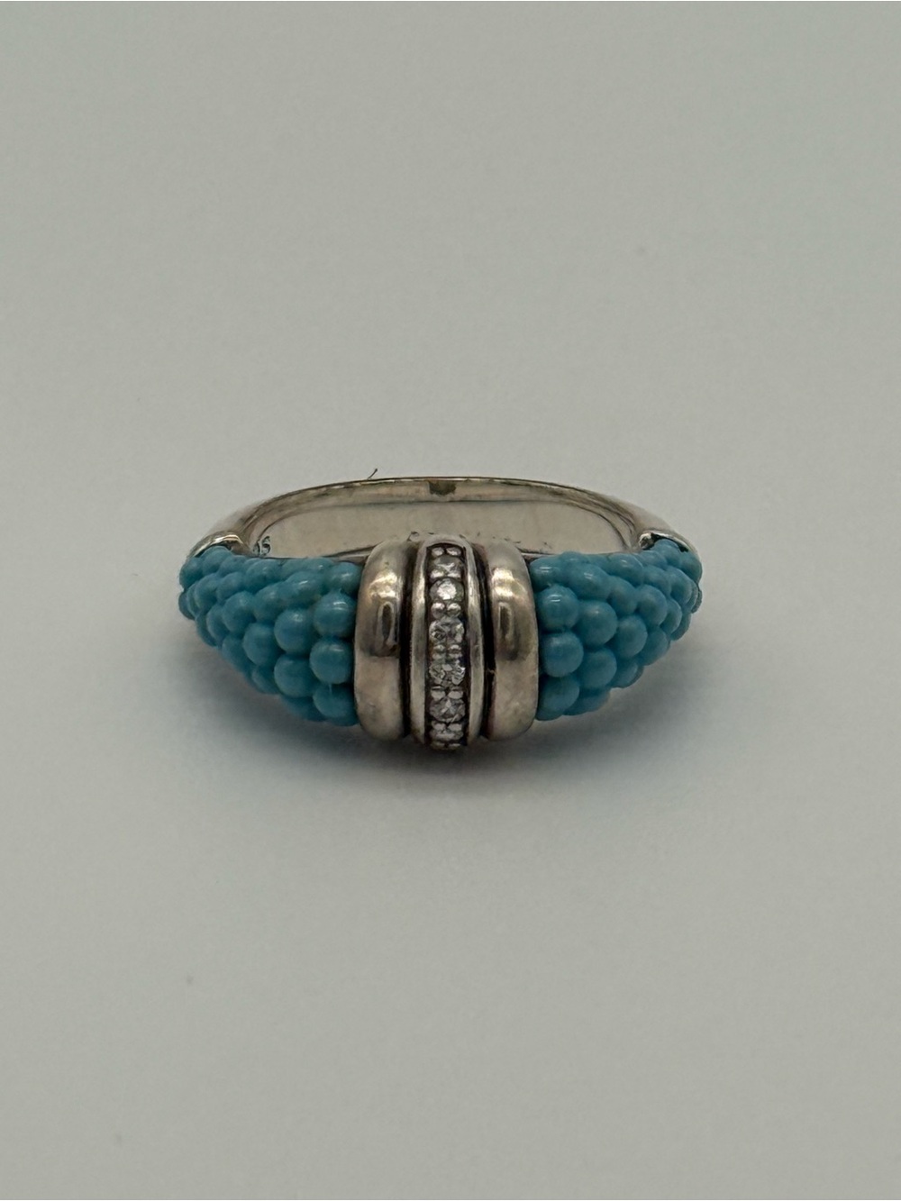 LAGOS Sterling Silver & Turquoise Ceramic, Caviar & Diamond Ring Size 7